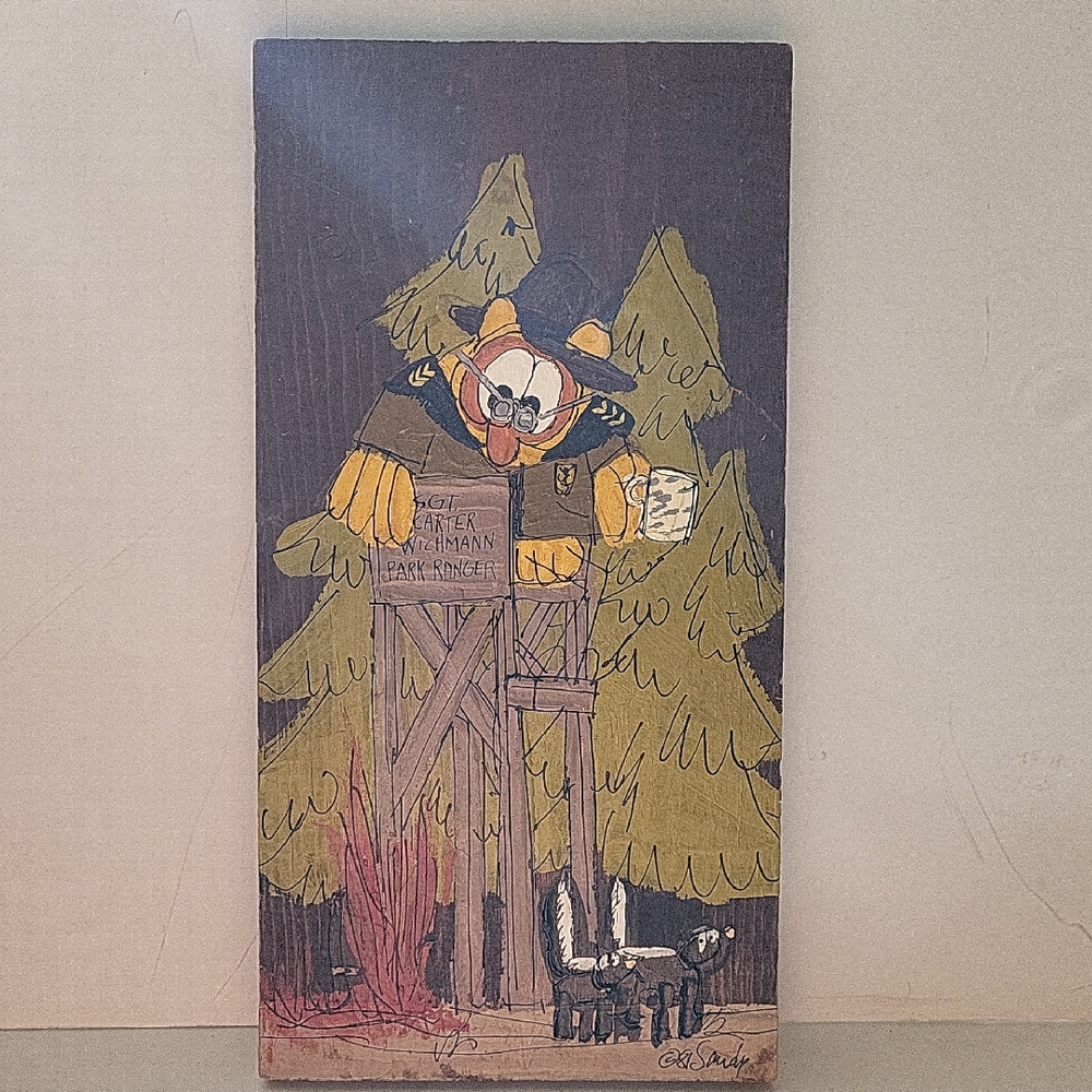Vintage Sandy Kaiman Cartoon Owl Wood Art
